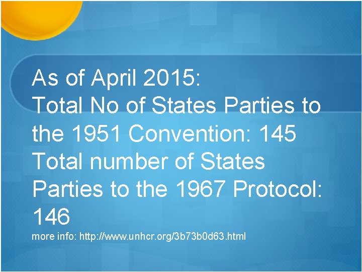 As of April 2015: Total No of States Parties to the 1951 Convention: 145