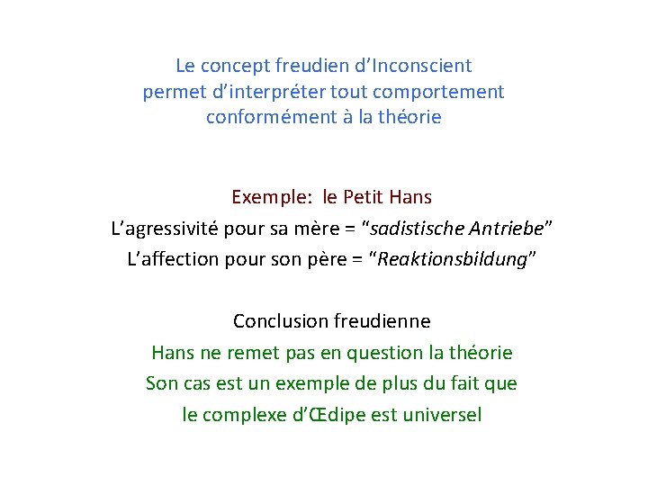 Le concept freudien d’Inconscient permet d’interpréter tout comportement conformément à la théorie Exemple: le Le concept freudien d’Inconscient permet d’interpréter tout comportement conformément à la théorie Exemple: le