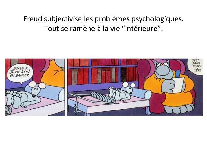 Freud subjectivise les problèmes psychologiques. Tout se ramène à la vie “intérieure”. Freud subjectivise les problèmes psychologiques. Tout se ramène à la vie “intérieure”.