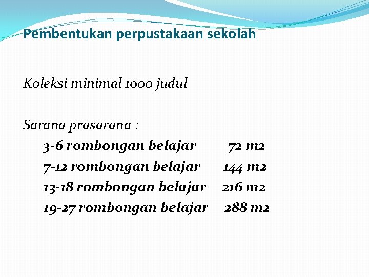 Pembentukan perpustakaan sekolah Koleksi minimal 1000 judul Sarana prasarana : 3 -6 rombongan belajar