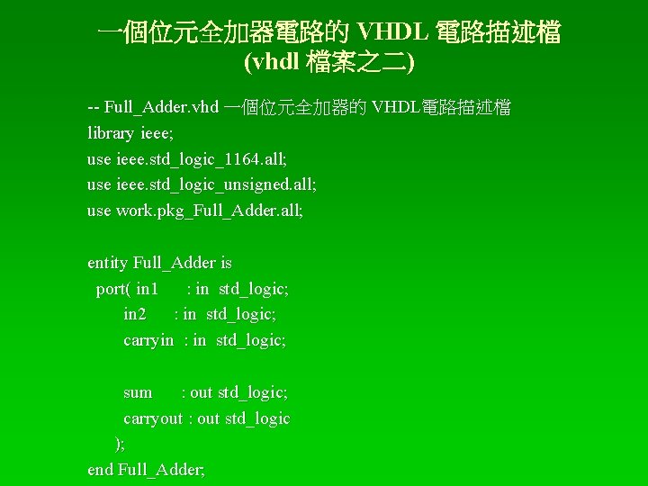 一個位元全加器電路的 VHDL 電路描述檔 (vhdl 檔案之二) -- Full_Adder. vhd 一個位元全加器的 VHDL電路描述檔 library ieee; use ieee.