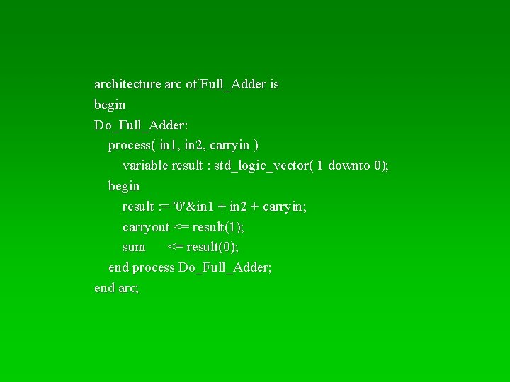 architecture arc of Full_Adder is begin Do_Full_Adder: process( in 1, in 2, carryin )