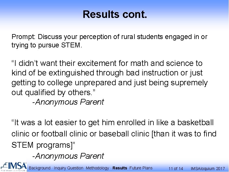 Results cont. Prompt: Discuss your perception of rural students engaged in or trying to