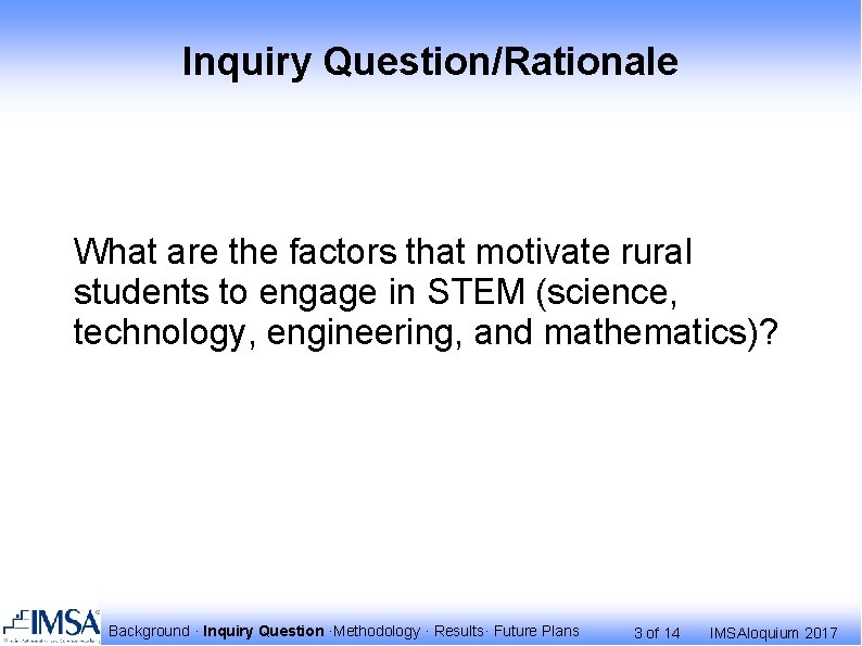 Inquiry Question/Rationale What are the factors that motivate rural students to engage in STEM