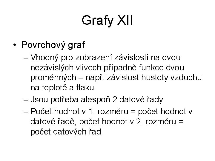 Grafy XII • Povrchový graf – Vhodný pro zobrazení závislosti na dvou nezávislých vlivech Grafy XII • Povrchový graf – Vhodný pro zobrazení závislosti na dvou nezávislých vlivech