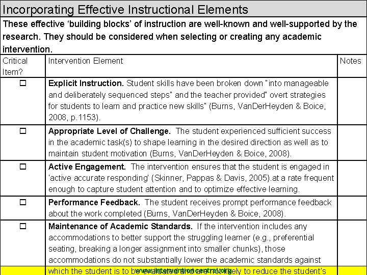 Response to Intervention Incorporating Effective Instructional Elements These effective ‘building blocks’ of instruction are
