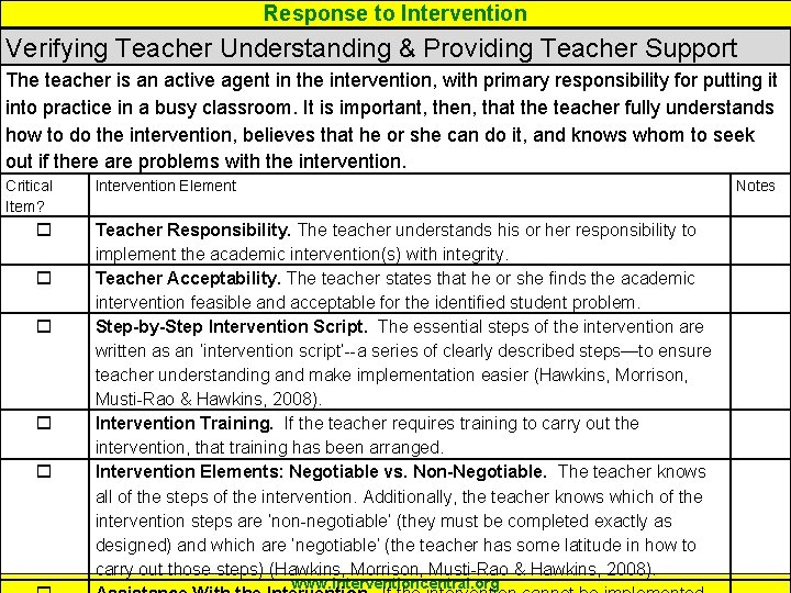 Response to Intervention Verifying Teacher Understanding & Providing Teacher Support The teacher is an