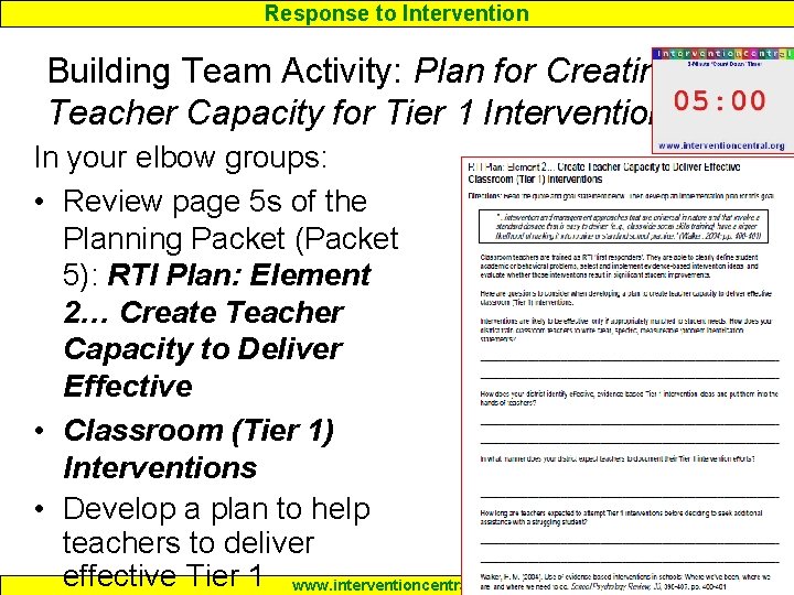 Response to Intervention Building Team Activity: Plan for Creating Teacher Capacity for Tier 1