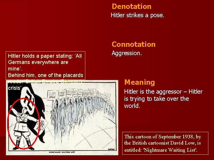 Denotation Hitler strikes a pose. Connotation Hitler holds a paper stating: ‘All Germans everywhere Denotation Hitler strikes a pose. Connotation Hitler holds a paper stating: ‘All Germans everywhere