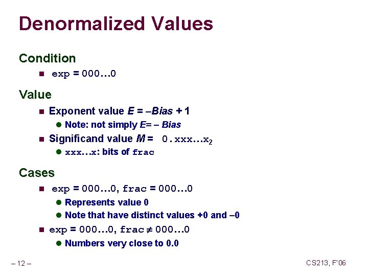 Denormalized Values Condition n exp = 000… 0 Value n Exponent value E =