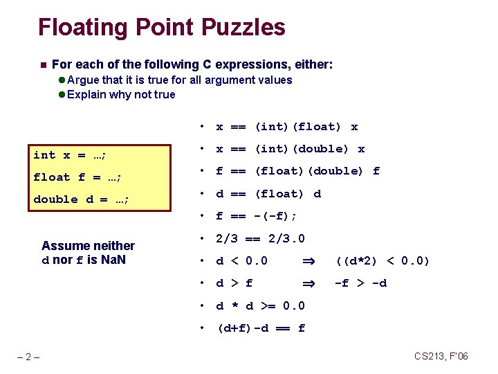 Floating Point Puzzles n For each of the following C expressions, either: l Argue