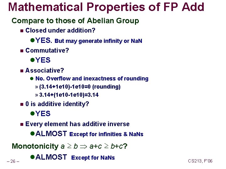 Mathematical Properties of FP Add Compare to those of Abelian Group n Closed under