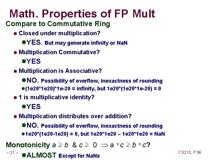 Math. Properties of FP Mult Compare to Commutative Ring n Closed under multiplication? l.