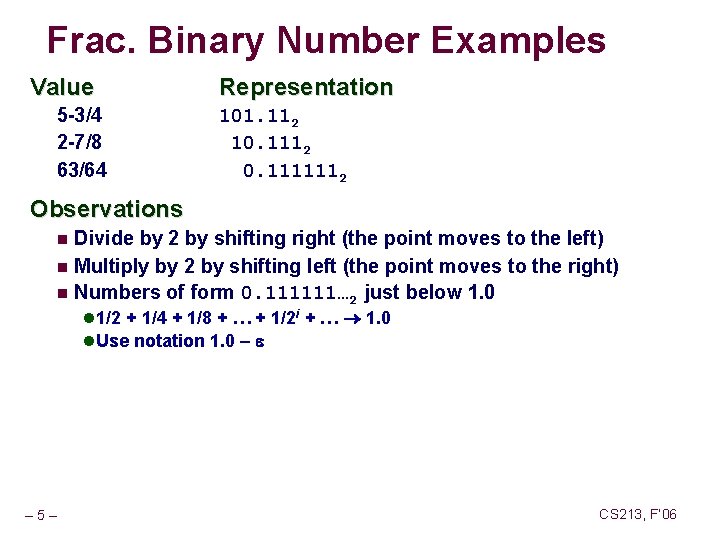 Frac. Binary Number Examples Value 5 -3/4 2 -7/8 63/64 Representation 101. 112 10.