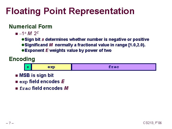 Floating Point Representation Numerical Form n – 1 s M 2 E l Sign