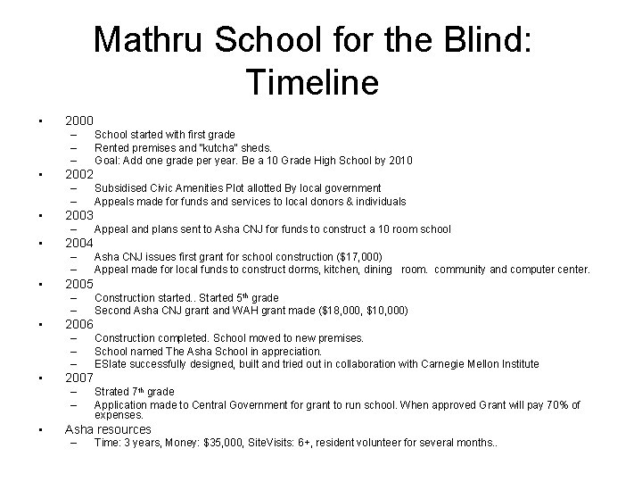 Mathru School for the Blind: Timeline • 2000 – – – • 2002 –