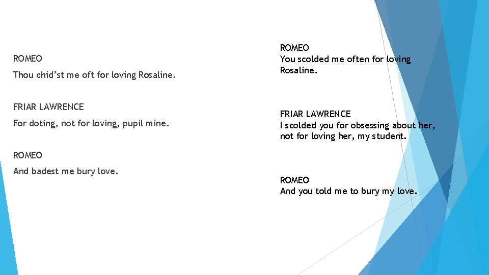 ROMEO Thou chid’st me oft for loving Rosaline. FRIAR LAWRENCE For doting, not for ROMEO Thou chid’st me oft for loving Rosaline. FRIAR LAWRENCE For doting, not for