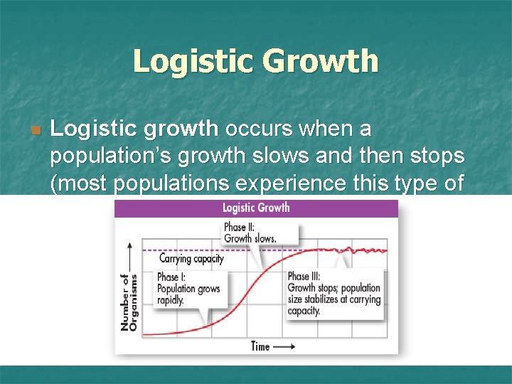 Logistic Growth n Logistic growth occurs when a population’s growth slows and then stops