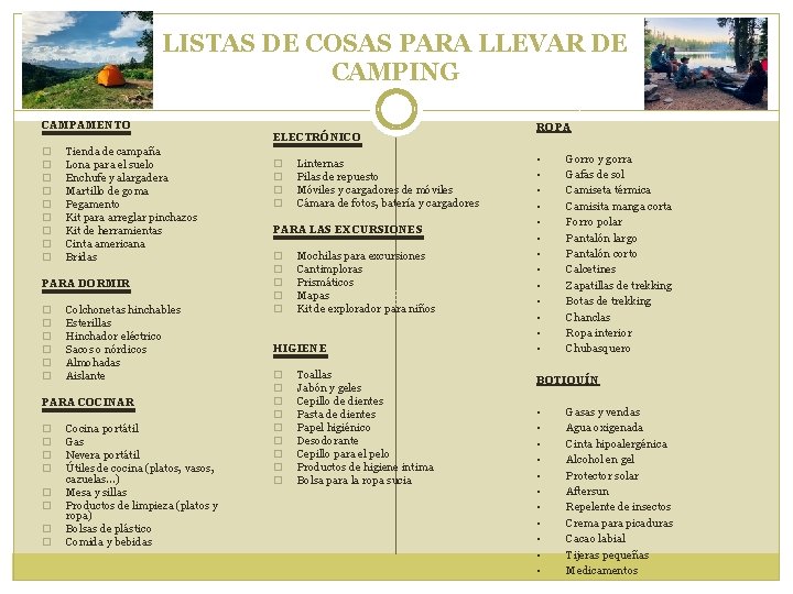 LISTAS DE COSAS PARA LLEVAR DE CAMPING CAMPAMENTO � � � � � Tienda