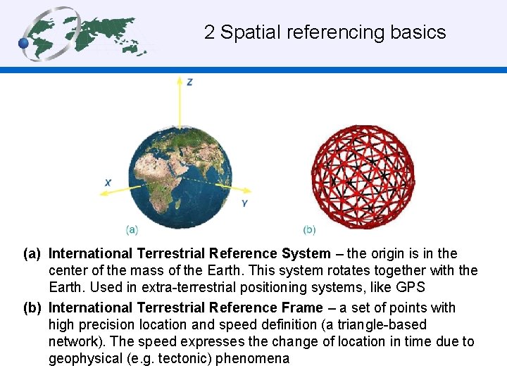 2 Spatial referencing basics (a) International Terrestrial Reference System – the origin is in
