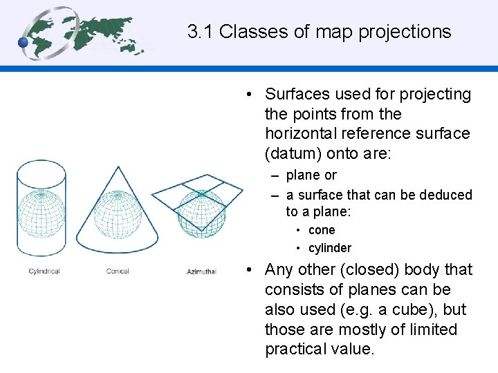 3. 1 Classes of map projections • Surfaces used for projecting the points from