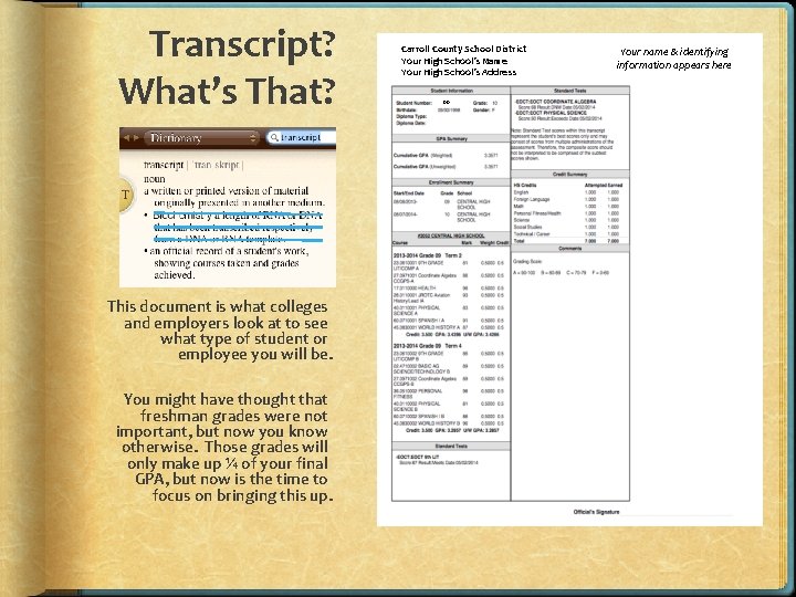 Transcript? What’s That? This document is what colleges and employers look at to see