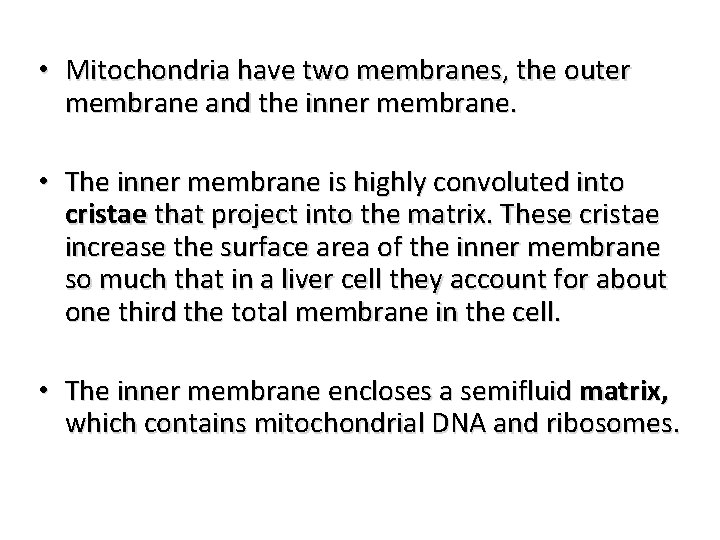  • Mitochondria have two membranes, the outer membrane and the inner membrane. •