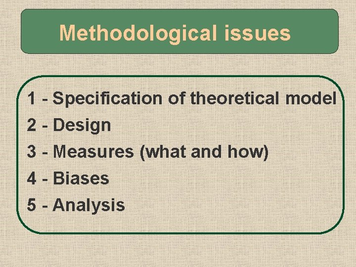 Methodological issues 1 - Specification of theoretical model 2 - Design 3 - Measures