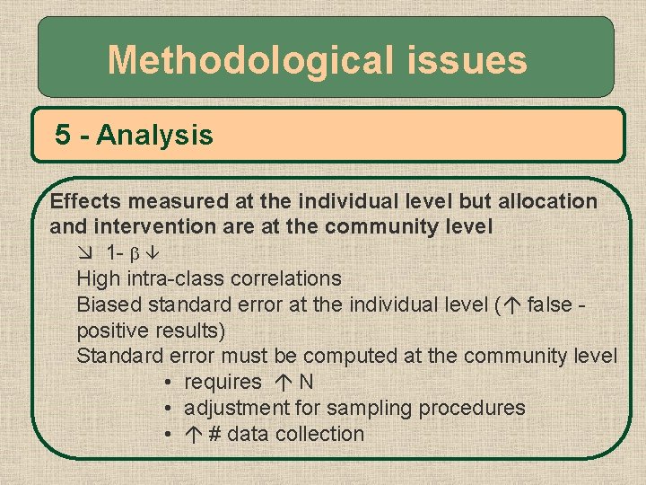 Methodological issues 5 - Analysis Effects measured at the individual level but allocation and