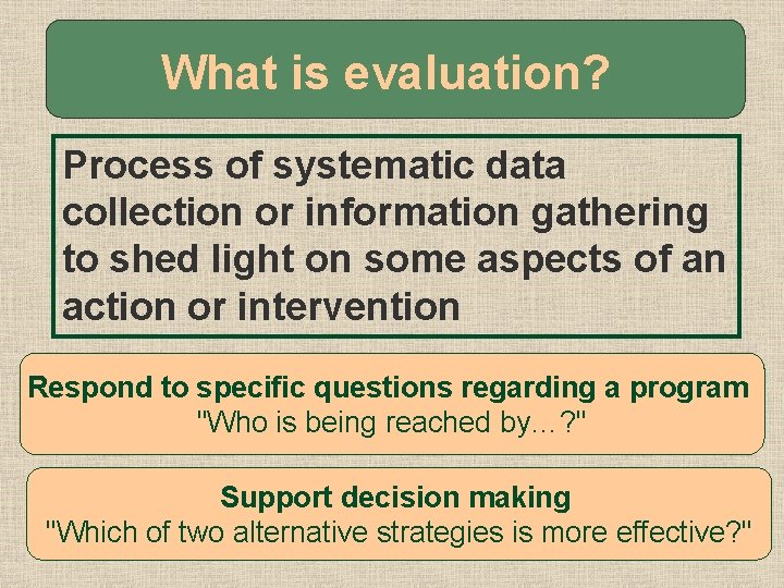 What is evaluation? Process of systematic data collection or information gathering to shed light