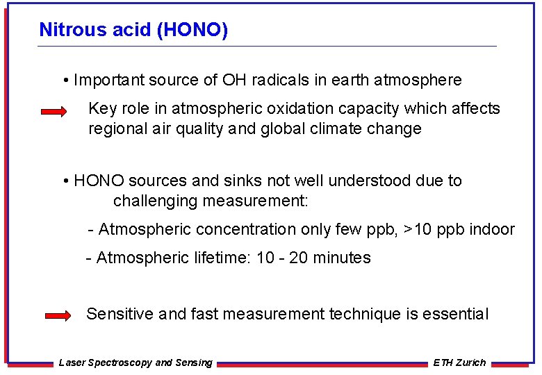 Nitrous acid (HONO) • Important source of OH radicals in earth atmosphere Key role