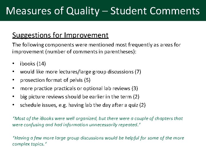 Measures of Quality – Student Comments Suggestions for Improvement The following components were mentioned