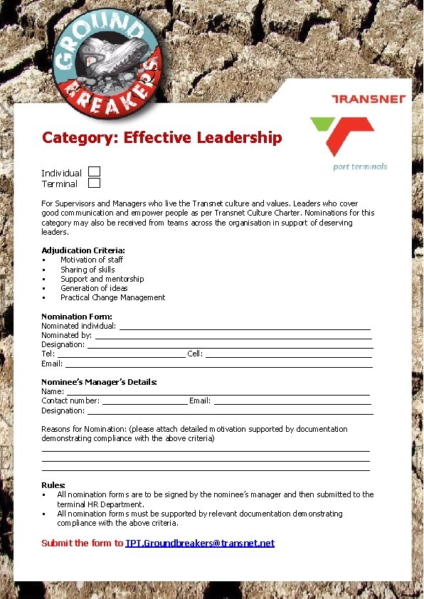 Category: Effective Leadership Individual Terminal For Supervisors and Managers who live the Transnet culture