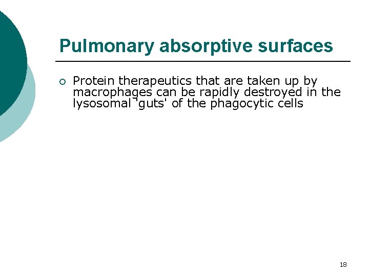 Pulmonary absorptive surfaces ¡ Protein therapeutics that are taken up by macrophages can be