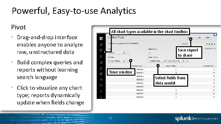Powerful, Easy-to-use Analytics Pivot • Drag-and-drop interface enables anyone to analyze raw, unstructured data