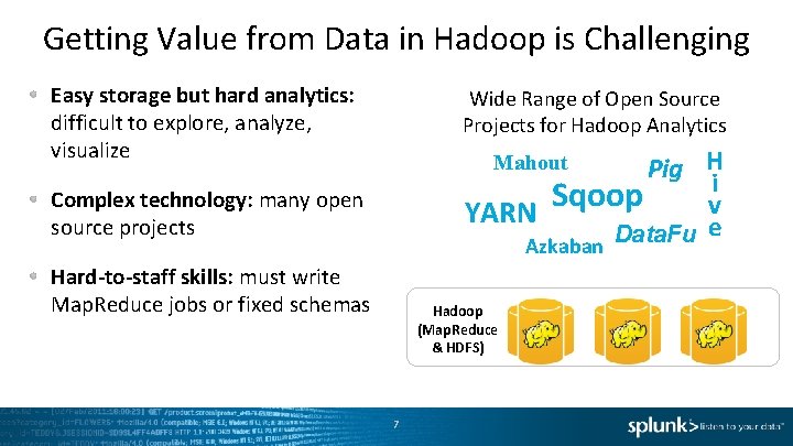 Getting Value from Data in Hadoop is Challenging Easy storage but hard analytics: difficult