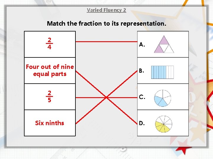 Varied Fluency 2 Match the fraction to its representation. 2 4 . Four out