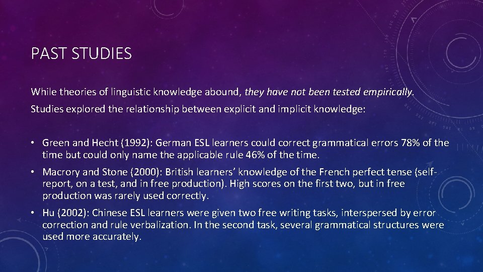 PAST STUDIES While theories of linguistic knowledge abound, they have not been tested empirically.