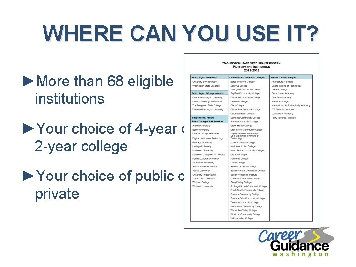 WHERE CAN YOU USE IT? ►More than 68 eligible institutions ►Your choice of 4