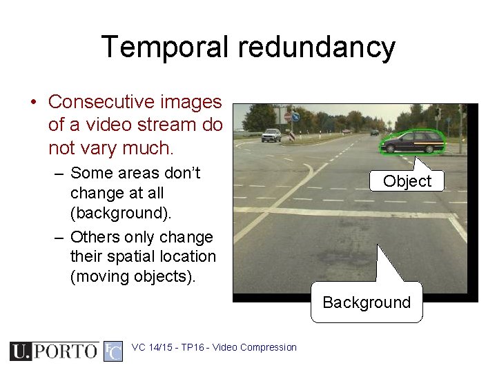 Temporal redundancy • Consecutive images of a video stream do not vary much. –