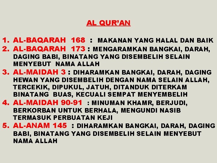 AL QUR’AN 1. AL-BAQARAH 168 : MAKANAN YANG HALAL DAN BAIK 2. AL-BAQARAH 173