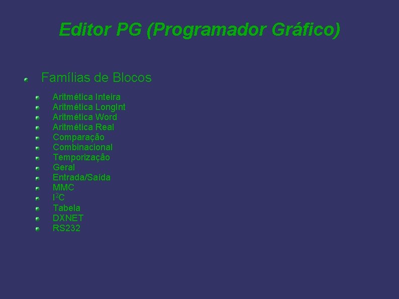 Editor PG (Programador Gráfico) Famílias de Blocos Aritmética Inteira Aritmética Long. Int Aritmética Word