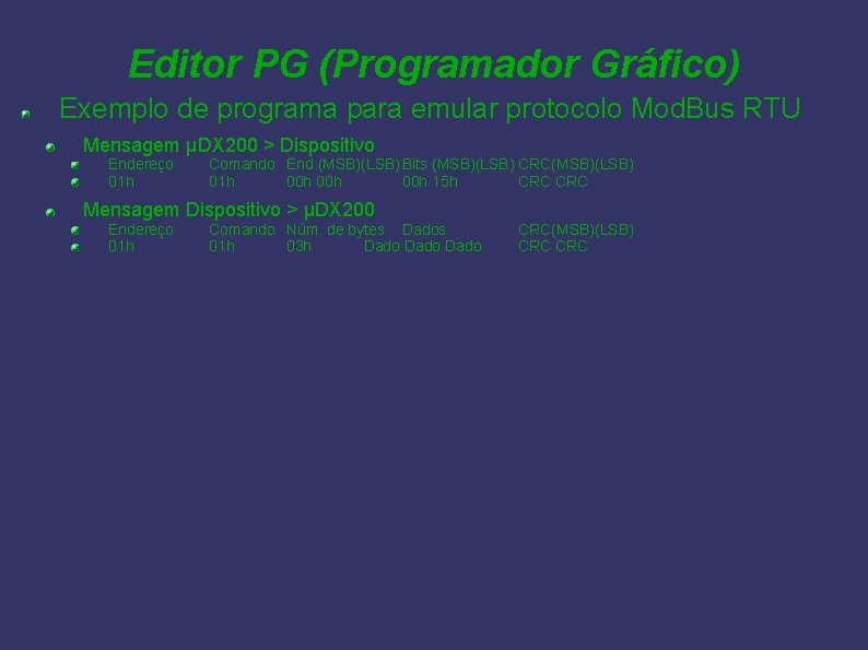 Editor PG (Programador Gráfico) Exemplo de programa para emular protocolo Mod. Bus RTU Mensagem