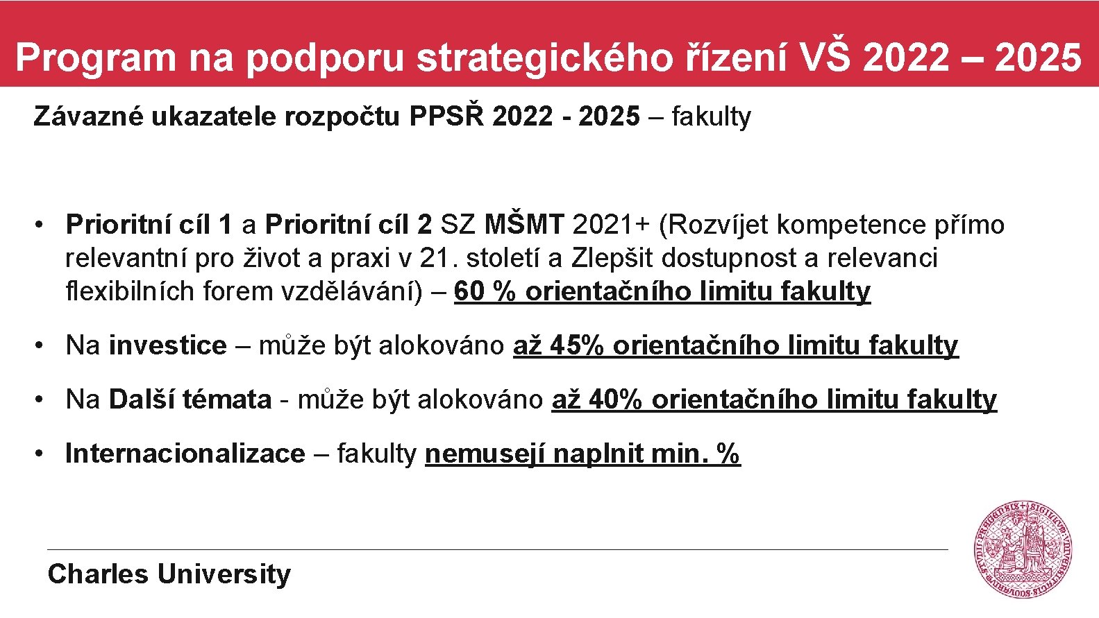 Program na podporu strategického řízení VŠ 2022 – 2025 Závazné ukazatele rozpočtu PPSŘ 2022