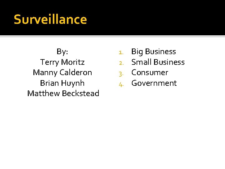 Surveillance By: Terry Moritz Manny Calderon Brian Huynh Matthew Beckstead 1. 2. 3. 4.