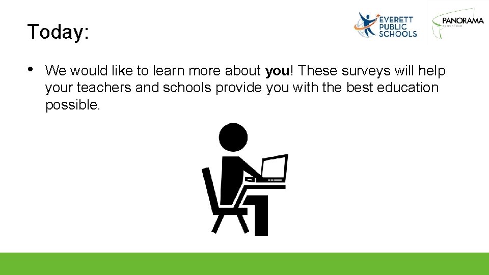 Today: • We would like to learn more about you! These surveys will help