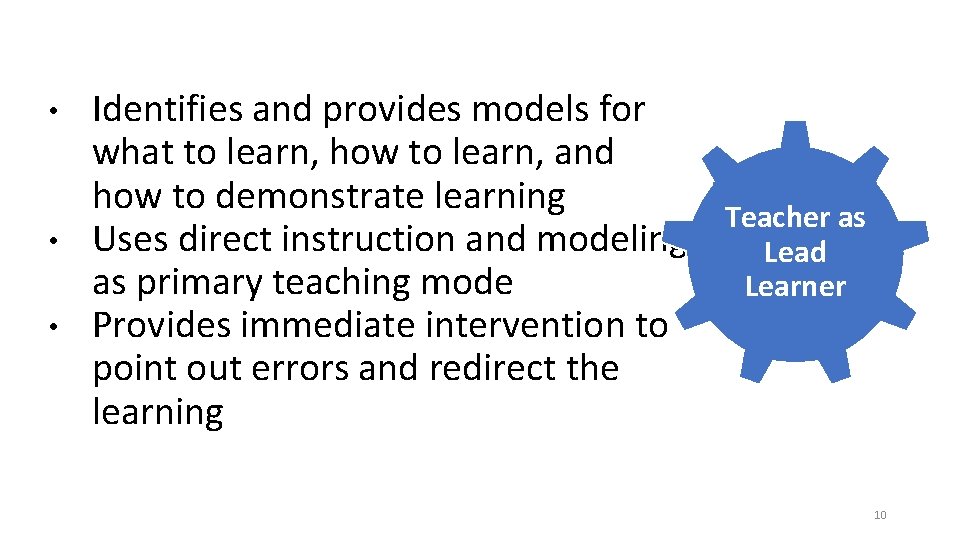  • • • Identifies and provides models for what to learn, how to