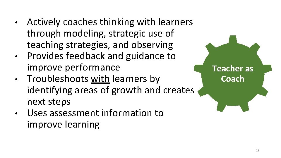  • • Actively coaches thinking with learners through modeling, strategic use of teaching