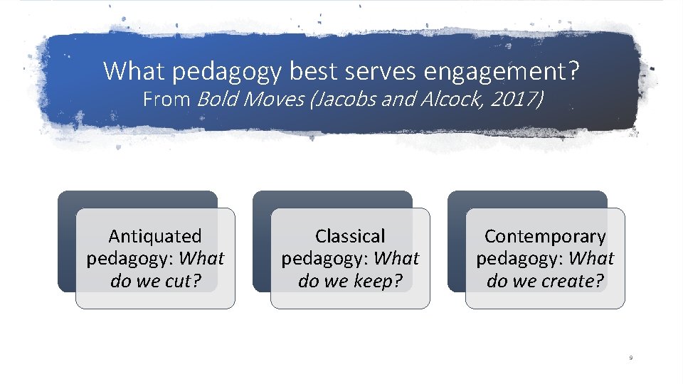 What pedagogy best serves engagement? From Bold Moves (Jacobs and Alcock, 2017) Antiquated pedagogy: