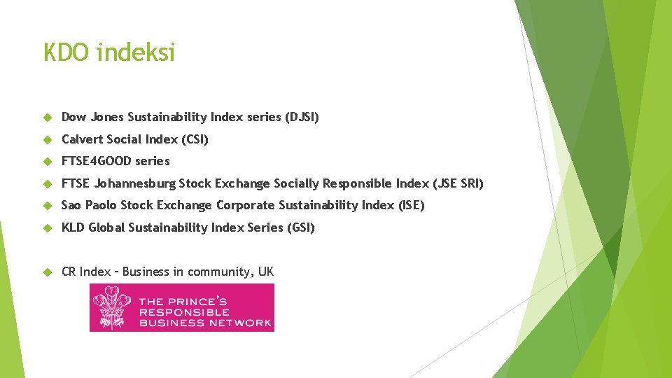 KDO indeksi Dow Jones Sustainability Index series (DJSI) Calvert Social Index (CSI) FTSE 4